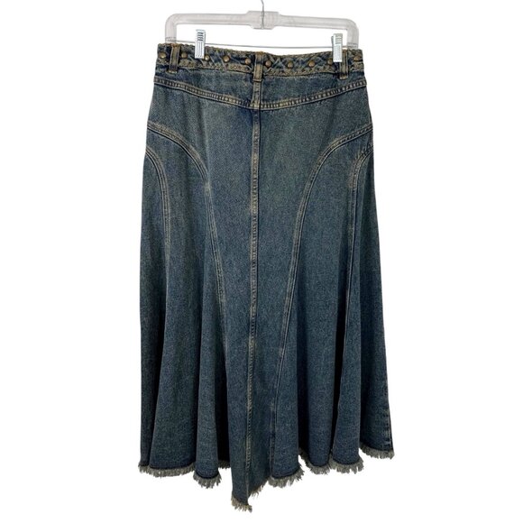 Jeanology Women's 8 Midi Embellished Denim Gored Full Skirt Blue EUC - Picture 3 of 11